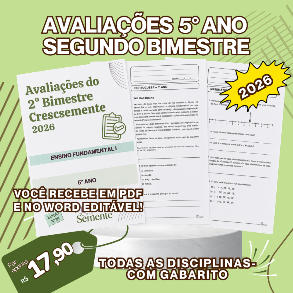 AVALIAÇÕES EDITÁVEIS 5° ANO-SEGUNDO BIMESTRE- 2026